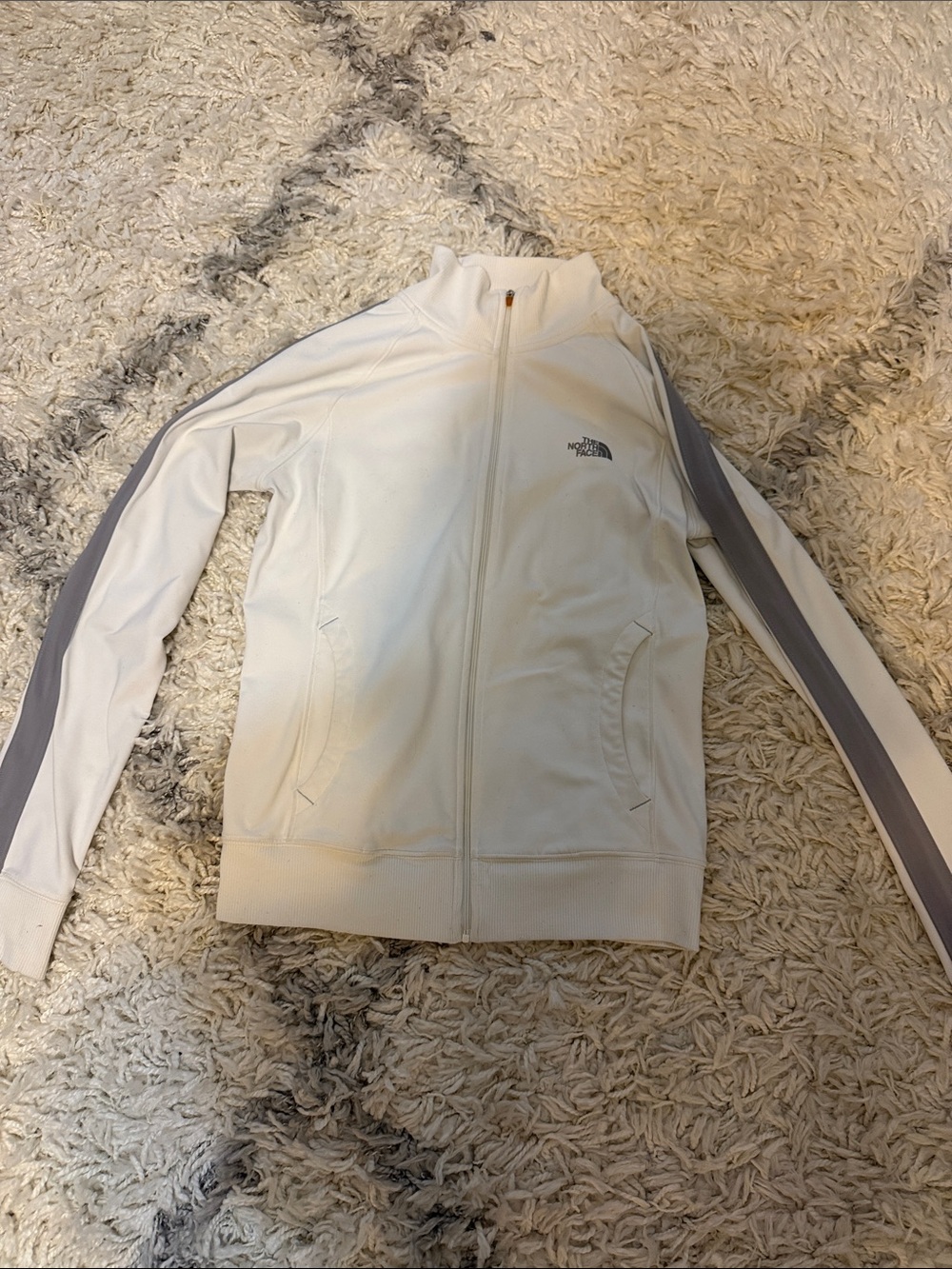 The North Face Women’s White Small Bomber Jacket with Gray Sleeve Stripes